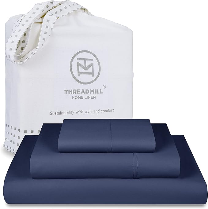 Threadmill Luxury 800 Thread Count 100% Cotton Sheets - Sateen Weave Twin XL Bed-Sheets, Better Than Egyptian Cotton,3 Pc Solid Soft Bedding Set (Folkstone Blue), Fits 15" Deep Pocket