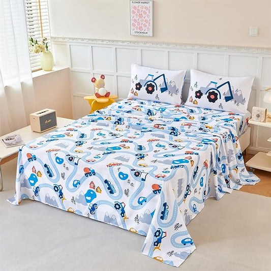 RYNGHIPY Kids Twin Bed Sheets: Cars Print Sheets Set for Boys - Breathable Wrinkle Free Microfiber Flat Sheet Fitted Sheet and Pillowcase (White,Twin)