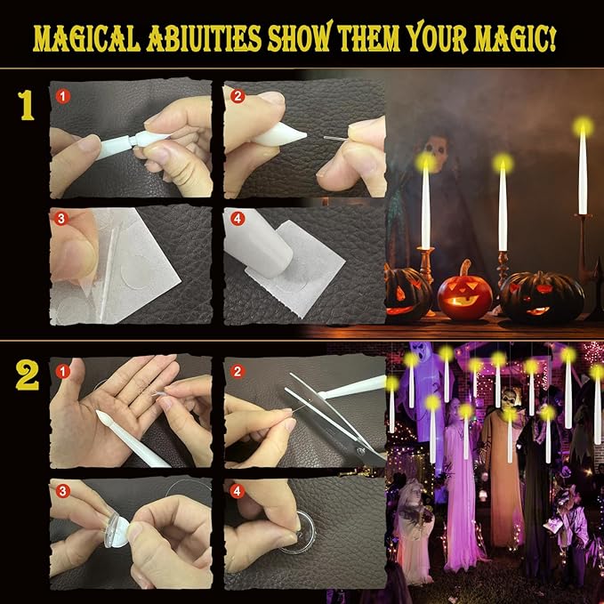 Floating Candles with Wand, 24PCS Hanging Candles with Remote Wand, Warmwhite Flickering Flameless Magic Floating Candle Lights for Halloween Christmas Decorations