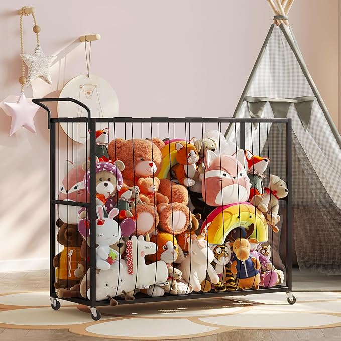 BBLIKE Stuffed Animal Storage Tower Rolling Cart - Zoo Cage Organizer for Kids' Plush Toys - Extra Large Storage Holder for Stuffy, Plushies & More in Playroom or Bedroom, 214L, Black