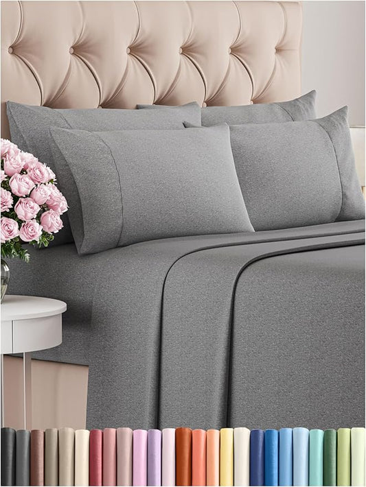 CGK Linens Queen 6 Piece Sheet Set - Cooling Sheets for Hot Sleepers - Hotel Luxury Bedding Set with 8-16 Inch Deep Pockets - 1 Flat & 1 Fitted & 4 Pillowcases - Soft & Wrinkle Free - Heathered Grey