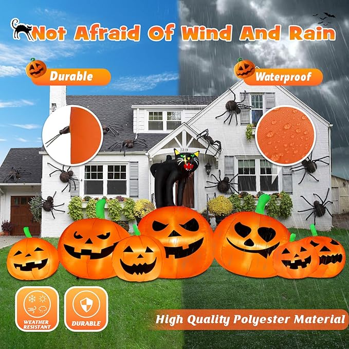B&D 8FT Long Halloween Inflatables Pumpkin Outdoor Decorations, 7 Inflatable Pumpkins and Black Cat Combo Halloween Blow Up Decorations Built-in LEDs for Holiday Party Yard Garden Lawn Patio Décor