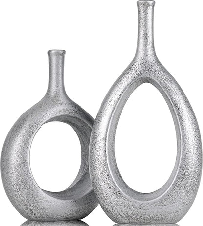 Vintage Silver Ceramic Vase Set 2,Modern Hollow Circle with Hole Flower Vase for Home Decor,for Table Centerpieces,Farmhouse,Fire Place,Living Room,Bedroom,Office,Bookshelf,Rustic Decor