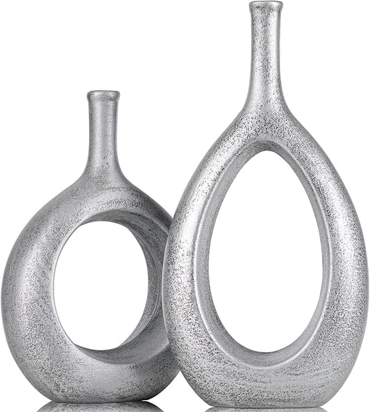 Vintage Silver Ceramic Vase Set 2,Modern Hollow Circle with Hole Flower Vase for Home Decor,for Table Centerpieces,Farmhouse,Fire Place,Living Room,Bedroom,Office,Bookshelf,Rustic Decor