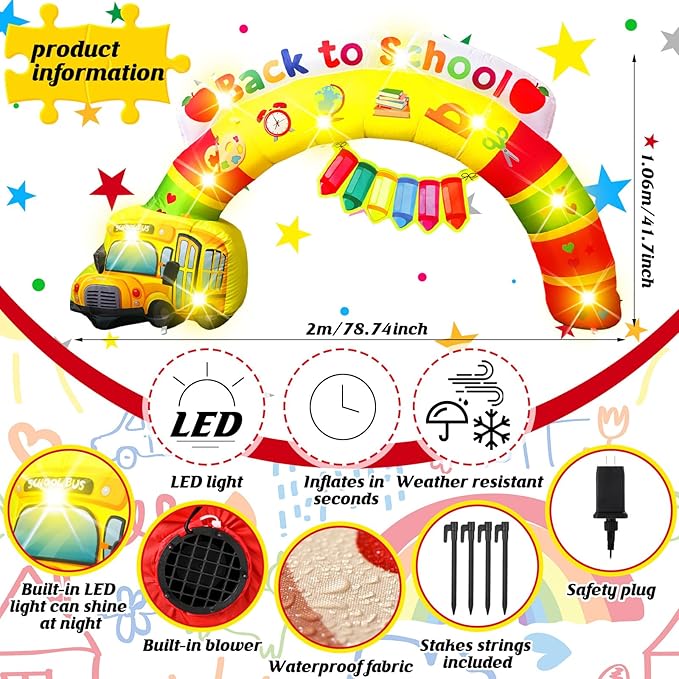 VIHOSE 6.56 ft Width Back to School Inflatables Arch First Day of School Outdoor Decorations Inflatable Rainbow Arch with Bus Pencil Build in LED Lights for Party Supplies Decor