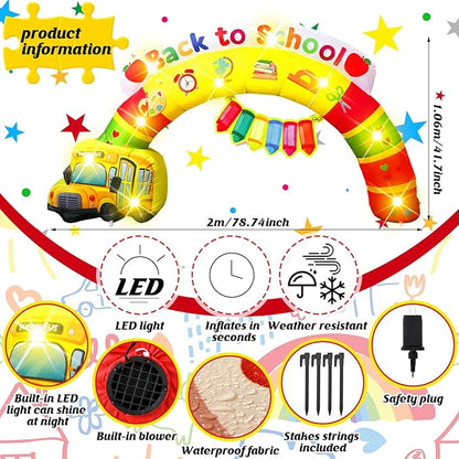 VIHOSE 6.56 ft Width Back to School Inflatables Arch First Day of School Outdoor Decorations Inflatable Rainbow Arch with Bus Pencil Build in LED Lights for Party Supplies Decor