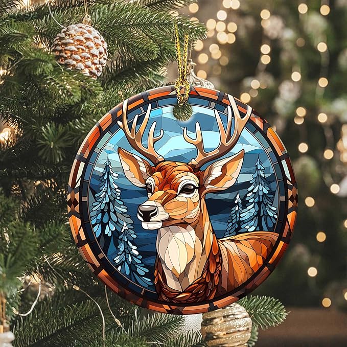 Elk Winter Ornament Round Ceramic Stained Glass Style Ornament Xmas Keepsake for Christmas Tree Winter Holiday Xmas Gift for Women Men Xmas Hanging Ornament 3"