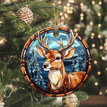 Elk Winter Ornament Round Ceramic Stained Glass Style Ornament Xmas Keepsake for Christmas Tree Winter Holiday Xmas Gift for Women Men Xmas Hanging Ornament 3"