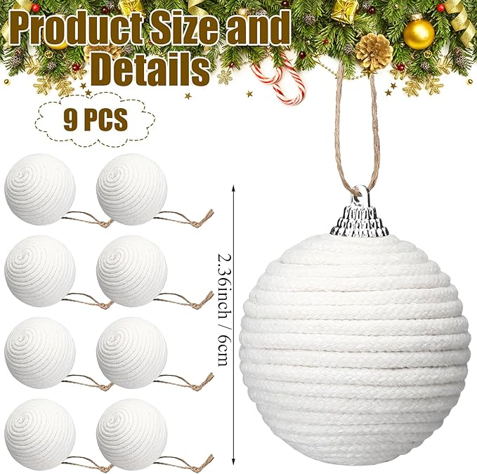 Syhood 9 Pcs 2.36 Inch Christmas Ball Ornaments Boho Farmhouse Jute Rope Hanging Balls Burlap Neutral Rustic Ornaments for Xmas Tree Holiday Wreath Garland Wedding Home(White)