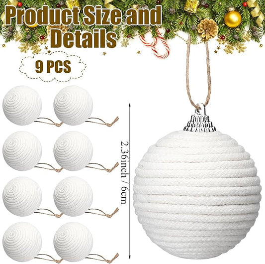 Syhood 9 Pcs 2.36 Inch Christmas Ball Ornaments Boho Farmhouse Jute Rope Hanging Balls Burlap Neutral Rustic Ornaments for Xmas Tree Holiday Wreath Garland Wedding Home(White)