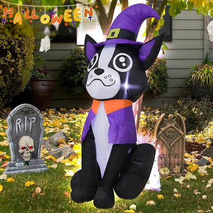 4FT Halloween Inflatable Decor Dog Purple Hat Halloween Blow Up Decoration with LED Lights Indoor Outdoor Yard Graden Party Holiday Decor