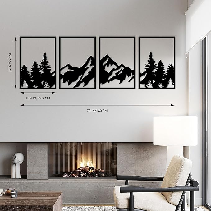 ESTART Large Mountain Wall Art - 4 Pcs Metal Wall Decor, Suitable For Living Room, Bedroom, Office (Mountain Forest)