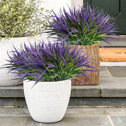 Uieke 28 Bundles Artificial Outdoor Plants UV Resistant Fake Grass Plants Faux Plastic Plants Greenery Shrubs for Home Garden Pathway Window Box Front Porch Cemetery Spring Summer Decor, Purple