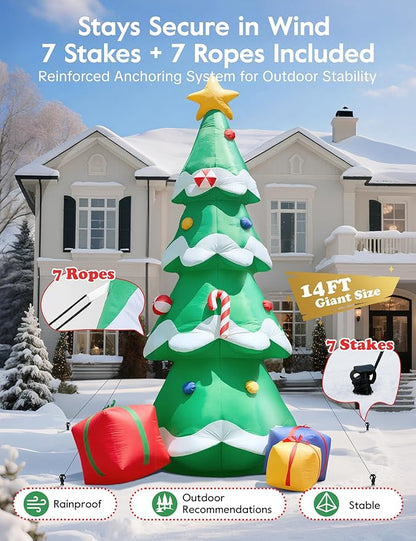 Dawdix 14FT Christmas Tree Inflatable Outdoor Decoration, Giant Christmas Inflatables Tree with 3 Gift Boxes, Lighted Christmas Decoration for Yard, Blow Up Xmas New Year Lawn Decor
