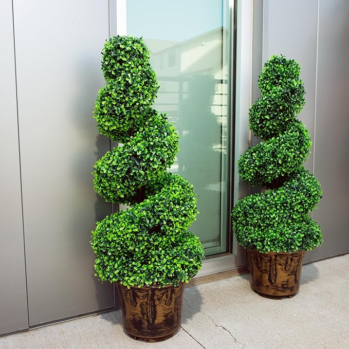 2-Pack Faux Boxwood Spiral Topiary Trees - 3ft Tall - Planter Included - Artificial Plants for Indoors or Outdoors - Realistic Dense Green Leaves with UV and Weather Protection