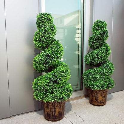 2-Pack Faux Boxwood Spiral Topiary Trees - 3ft Tall - Planter Included - Artificial Plants for Indoors or Outdoors - Realistic Dense Green Leaves with UV and Weather Protection