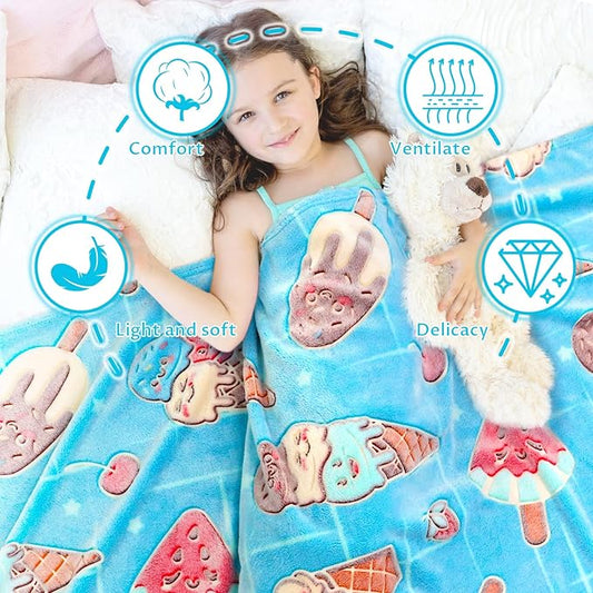 Funny Blanket Glow in The Dark Blankets for Girls Cute Ice Cream Blanket Birthday Gifts for Kids Toddlers Soft Warm Cozy Cute Food Blankets Home Decor Glowing Blanket