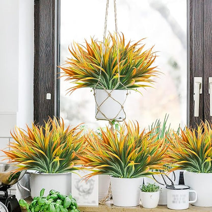 Artificial Fake Grass,12PCS Outdoor Faux Grasses Plastic Plants Greenery UV Resistant for Outside Home Windowbox Garden Office Patio Hanging Planter Front Porch Fall Décor (Yellow)