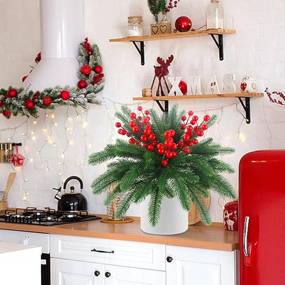 HOHOTIME 6 Pcs Christmas Pine Picks, Artificial Norfolk Pine Branches with Berry Stems, 17 inch Christmas Greenery Fake Foliage Pines Needles Picks for DIY Craft Xmas Decor Home Indoor Decoration