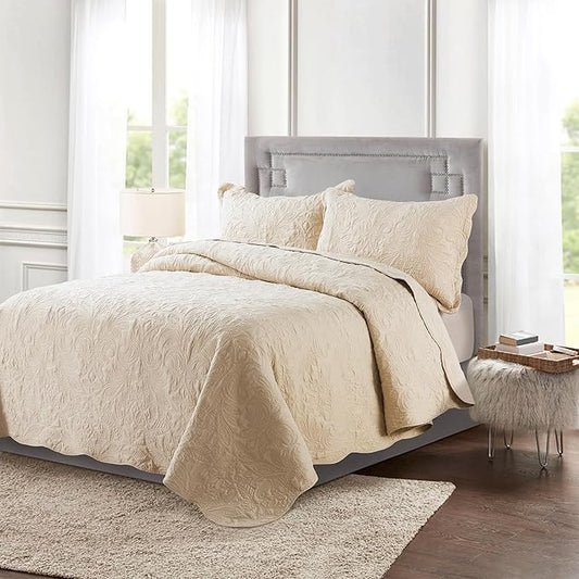 HoneiLife Quilt Set King Size - 3 Piece Embroidered Microfiber Bedspread Reversible Coverlet Lightweight Bedcover Paisley Pattern Bedding Set All Season Quilts-Khaki