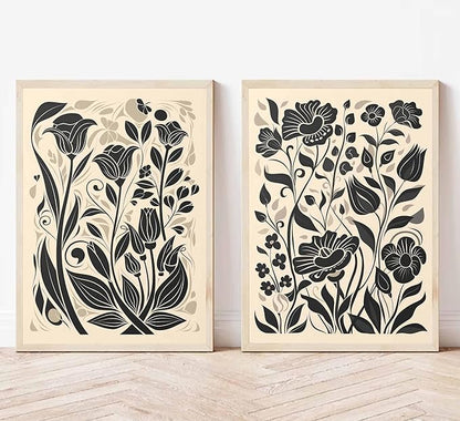 2 Pcs Boho Abstract Floral Canvas Wall Art Modern Minimalist Neutral Beige and Black Floral Botanical Wall Decor Poster Print Artwork for Living Room Bedroom Office Home Decoration Unframed
