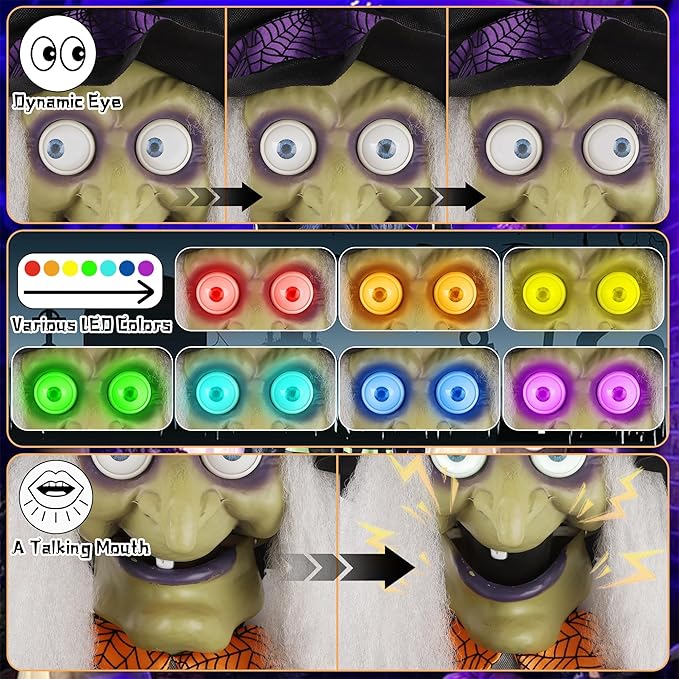 Prsildan 6.6FT Hanging Witch Halloween Decorations Outdoor, Animated Talking Witches with Color-Changing LED Eyes & Scary Sounds, Touch & Sound Sensor Halloween Decor for Yard Porch Haunted House