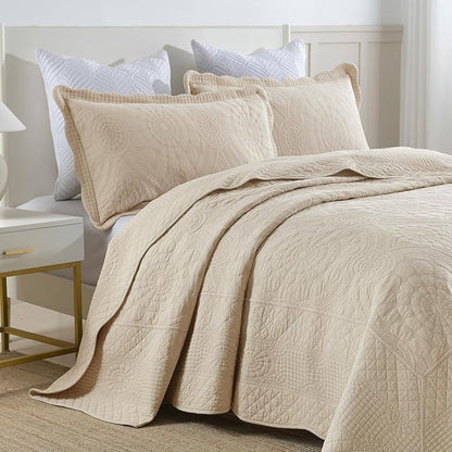 MarCielo 3-Piece 100% Cotton Oversized Bedspread Lightweight Quilt Coverlet Embroidery Farmhouse Bedding (Tf Khaki Beige, Oversized Queen (100"x106"))