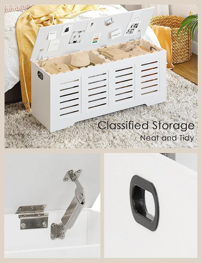 DINZI LVJ Storage Chest, 47.3” Wooden Toy Box with 2 Safety Hinges, Retro Entryway Shoe Storage Bench with Flip-Top, Sturdy Large Storage Trunk for Living Room, Bedroom, Easy Assembly, White