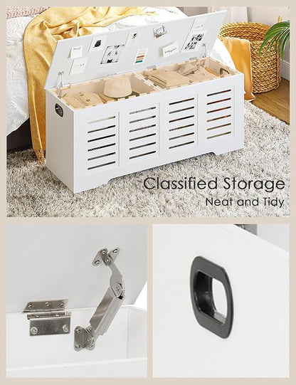 DINZI LVJ Storage Chest, 47.3” Wooden Toy Box with 2 Safety Hinges, Retro Entryway Shoe Storage Bench with Flip-Top, Sturdy Large Storage Trunk for Living Room, Bedroom, Easy Assembly, White