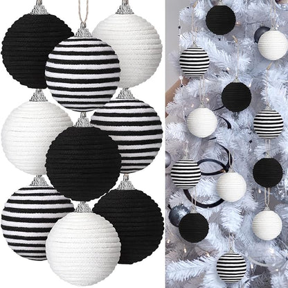 Syhood 9 Pcs 2.36 Inch Christmas Ball Ornaments Boho Farmhouse Jute Rope Hanging Balls Burlap Neutral Rustic Ornaments for Xmas Tree Holiday Wreath Garland Wedding Home(Black, White, Black and White)