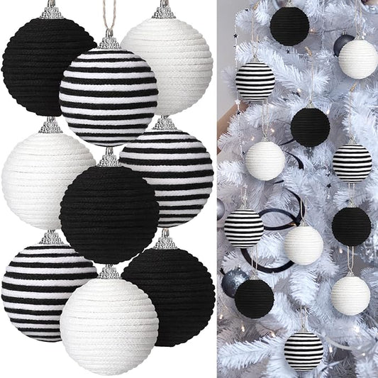 Syhood 9 Pcs 2.36 Inch Christmas Ball Ornaments Boho Farmhouse Jute Rope Hanging Balls Burlap Neutral Rustic Ornaments for Xmas Tree Holiday Wreath Garland Wedding Home(Black, White, Black and White)
