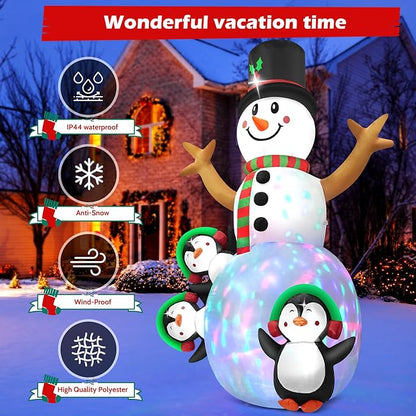6.3 FT Christmas Inflatable Snowman Outdoor Decoration with Build-in Multicolor LEDs, Snowman with 3 Penguins Blow Up Inflatables Christmas for Yard Garden Lawn Xmas Holiday Decor