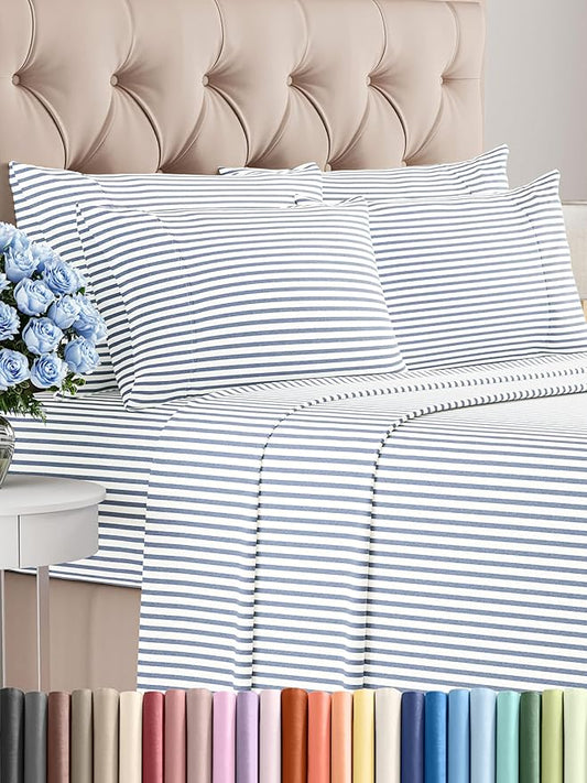 CGK Linens King 6 Piece Sheet Set - Cooling Sheets for Hot Sleepers - Hotel Luxury Bedding Set with 8-16 Inch Deep Pockets - 1 Flat & 1 Fitted & 4 Pillowcases - Soft and Wrinkle Free - Blue Stripes