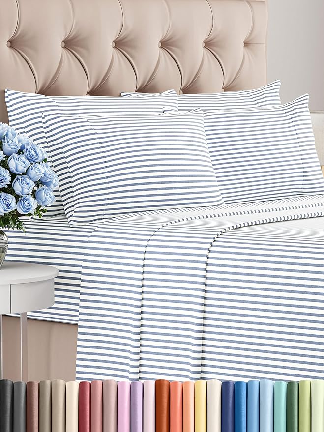 CGK Linens Queen 6 Piece Sheet Set - Cooling Sheets for Hot Sleepers - Hotel Luxury Bedding Set w/ 8-16 Inch Deep Pockets - 1 Flat & 1 Fitted & 4 Pillowcases - Soft, Cozy & Wrinkle Free - Blue Stripes