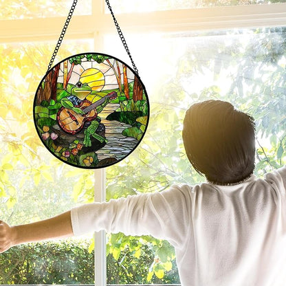 Stained Glass Window Hanging, Frog Playing Guitar Suncatcher Diamond Glass Panel Funny Sun Catchers Decor for Birthday for Women, Men, Wife, Aunt, and Mom 11.8x11.8 in