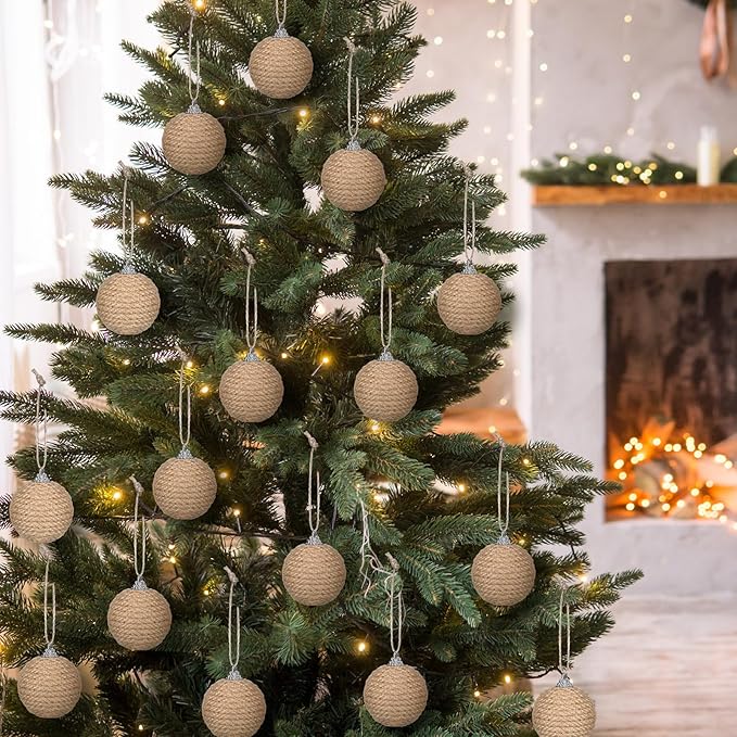 Syhood 18 Pcs 1.57 Inches Christmas Ball Ornaments Boho Farmhouse Jute Rope Hanging Balls Burlap Neutral Rustic Ornaments for Xmas Tree Holiday Wreath Garland Wedding Home