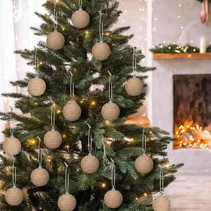 Syhood 18 Pcs 1.57 Inches Christmas Ball Ornaments Boho Farmhouse Jute Rope Hanging Balls Burlap Neutral Rustic Ornaments for Xmas Tree Holiday Wreath Garland Wedding Home