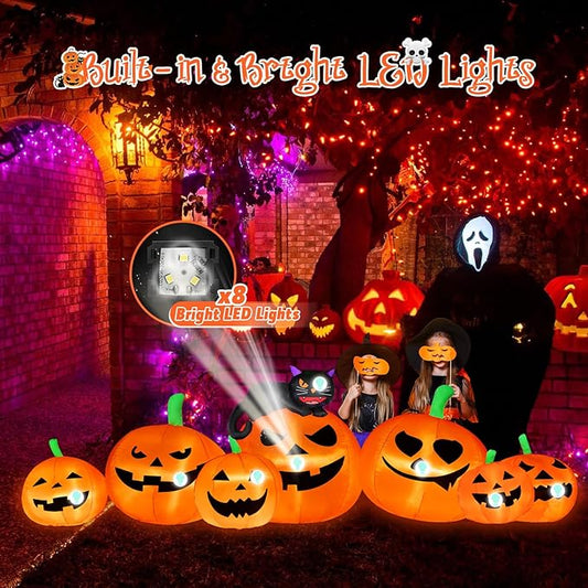 8FT Long Halloween Inflatable Decoration 7 Pumkins with Black Cat with LED Lights Blow Up Inflatable for Halloween Outdoor Indoor Garden Yard Lawn Deco