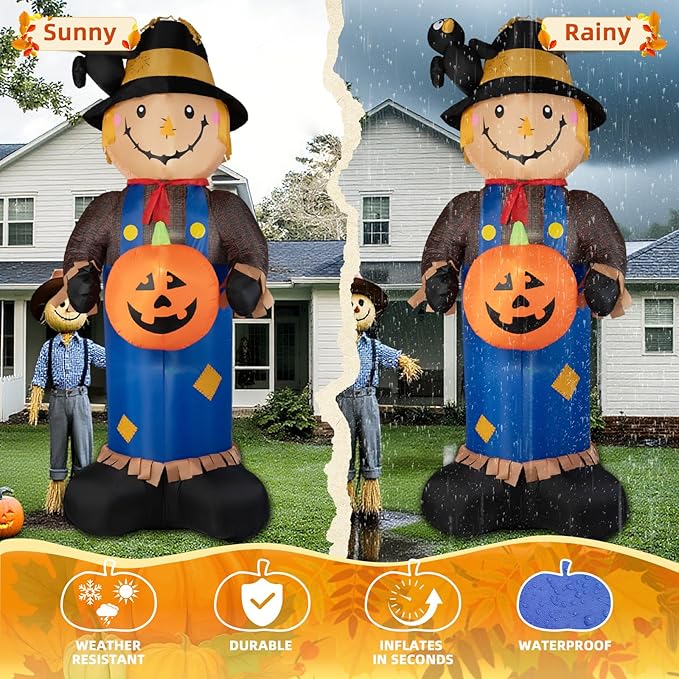 8FT Fall Inflatables Scarecrow Decorations, Giant Scarecrow with Pumpkin Inflatable Yard Decor Built-in LEDs, Scarecrow Blow Up Yard Decorations for Halloween Fall Autumn Harvest Lawn Garden