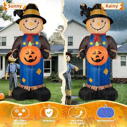 8FT Fall Inflatables Scarecrow Decorations, Giant Scarecrow with Pumpkin Inflatable Yard Decor Built-in LEDs, Scarecrow Blow Up Yard Decorations for Halloween Fall Autumn Harvest Lawn Garden