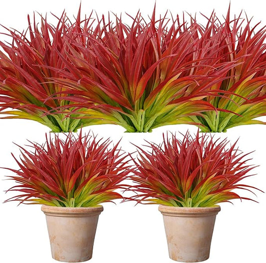 Artificial Fake Grass, 12 PCS Outdoor Faux Grasses Plastic Plants Greenery UV Resistant for Outside Home Window Box Garden Office Patio Hanging Planter Front Porch Décor (Light Green +Red)