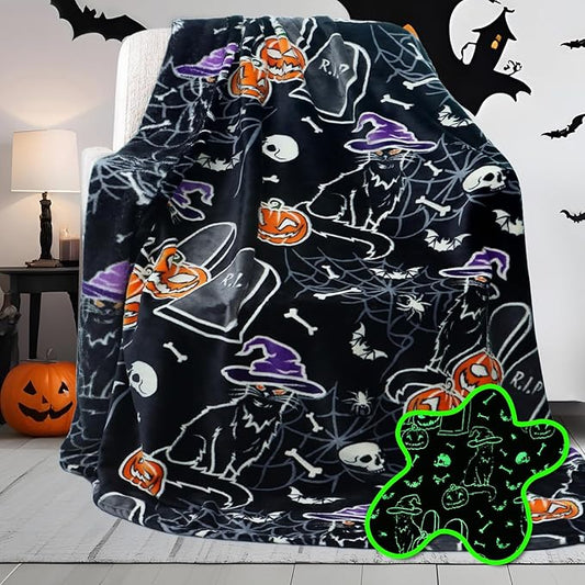 Halloween Throw Blankets Glow in The Dark Blanket Black Cat and Pumpkin Blanket for Women 50"x60"
