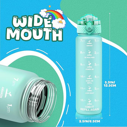 Oldley Kids Water Bottle for School, 17 oz (Straw Lid) BPA-Free Reusable Leak-proof Durable Tritan Plastic Water Bottles with One-handed Opening Straw Lids, Anti-dust Spout Cover (Mint Green)