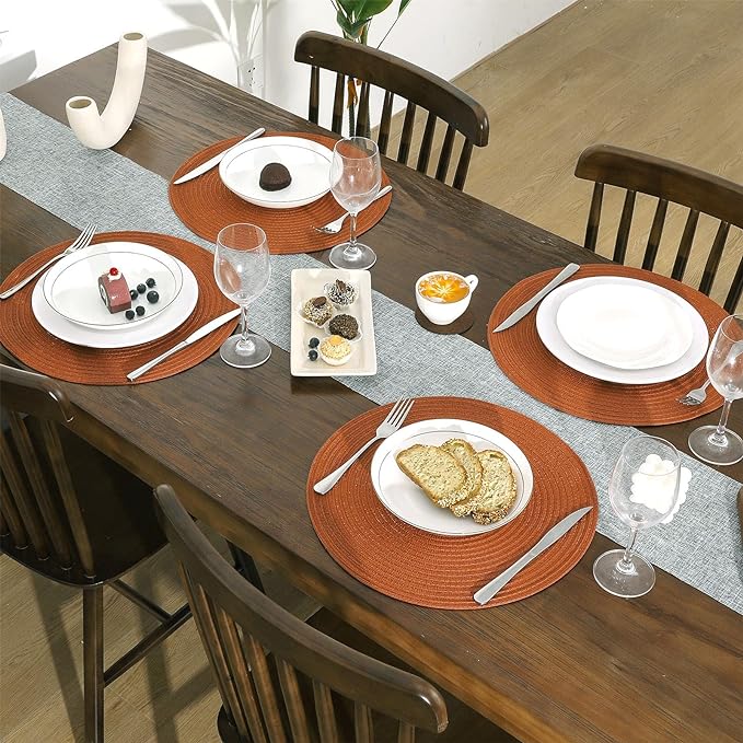 SHACOS Round Placemats Set of 6 Washable 15 inch Round Fall Placemats Cotton Polyester Woven Braided Table Place Mats for Dining Table Decor, Dark Orange