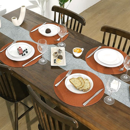SHACOS Round Placemats Set of 6 Washable 15 inch Round Fall Placemats Cotton Polyester Woven Braided Table Place Mats for Dining Table Decor, Dark Orange
