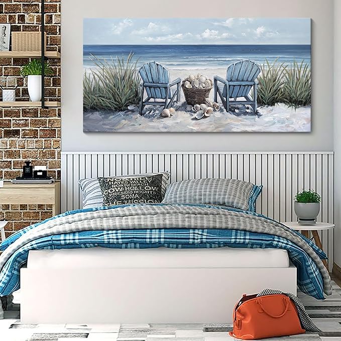 HGUAOA Coastal Wall Art - Large Landscape Wall Paintings for Living Room, Bedroom Pictures, Ocean Beach Artwork, Blue Wall Art, Above Bed Decor, Coastal Landscape Wall Art, Beach Pinting