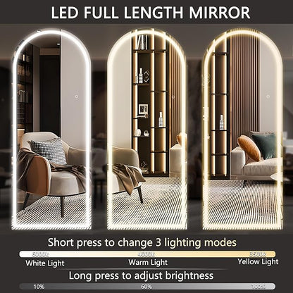 Hasipu 75" x 28" Led Mirror Full Length, Full Length Mirror with Lights Arch Design,Tempered Glass,Shatter-Proof, Dimming & 3 Color Modes for Bedroom Cloakroom-UL