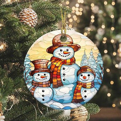 Snowman Family Ornament Round Ceramic Stained Glass Style Ornament Xmas Keepsake for Christmas Tree Winter Holiday Xmas Gift for Women Men Xmas Hanging Ornament 3"