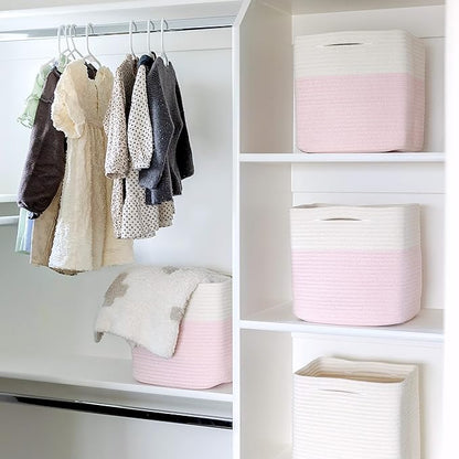 NaturalCozy 13 Inch Cube Storage Bins Cotton Rope Woven Baskets for Organizing 3-Pack | 13 x 13 Storage Cubes | Fabric Square Storage Baskets for Shelves Organizer, Kids Toy Bins, Closet Baby Nursery
