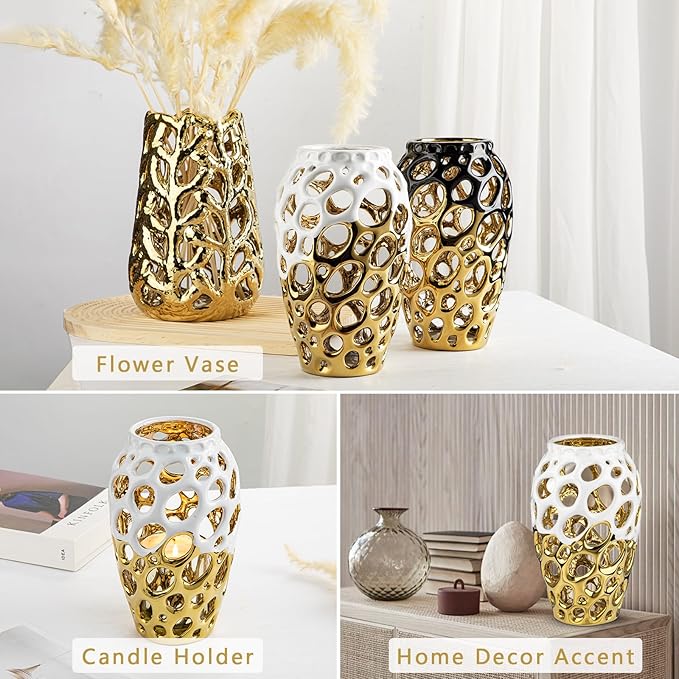 White and Gold Vases for Centerpieces, Openwork Ceramic Flower Vase 8.7" Hollowed Decorative Pampas Grass Vase Gold Table Decor for Home Living Room Dinner Room Bedroom Office Wedding